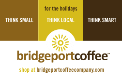 A brown and yellow logo for bridge port coffee.