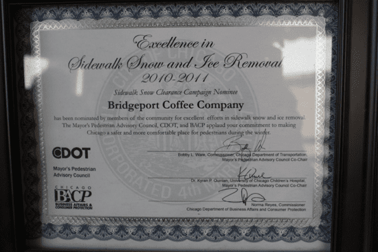 A certificate of excellence for bridgeport coffee company.