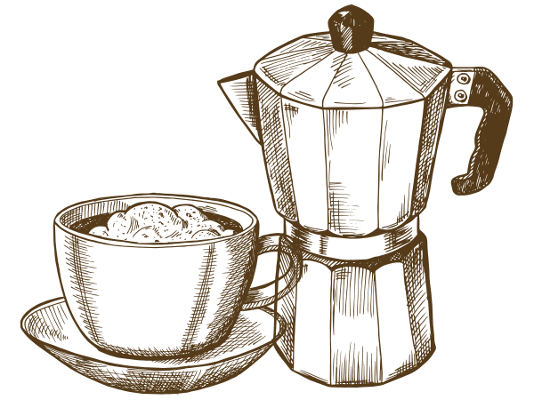 A drawing of a coffee pot and cup