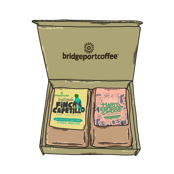 A box of coffee and a bag of food.