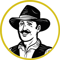 A man with a hat and mustache in a circle.