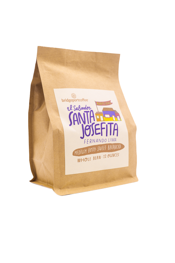 A bag of coffee is shown on the side.