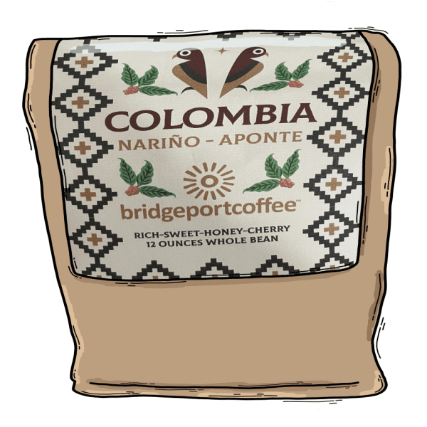 A bag of coffee is shown with the word colombia written on it.